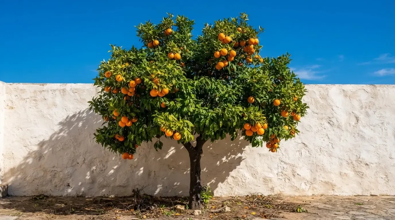 Ein Orangenbaum mit reifen Früchten wächst an einer weissen Mauer unter blauem Himmel.