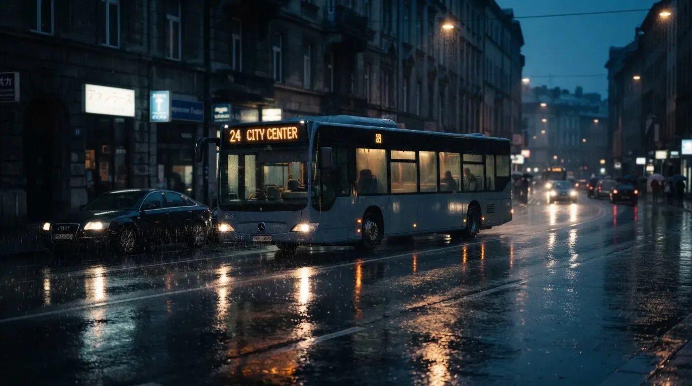 Ein Stadtbus fährt an einem regnerischen Abend durch eine Strasse mit Pfützen, die Lichter spiegeln sich im Asphalt.