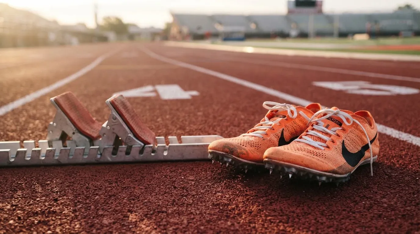 Ein Paar Laufschuhe mit Spikes liegt auf einer Tartanbahn neben einem Startblock, die Linien verlaufen in die Ferne.
