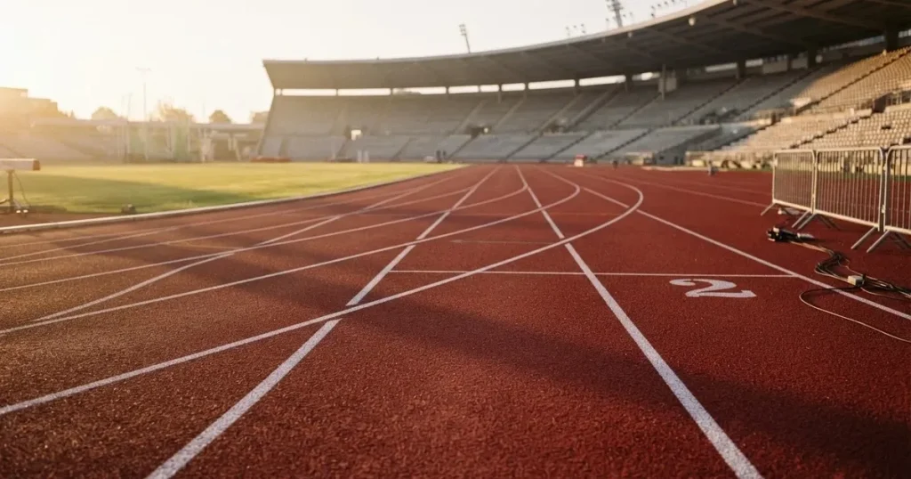 Eine rote Laufbahn mit weissen Linien leuchtet in der Morgensonne, im Hintergrund ein leeres Stadion.
