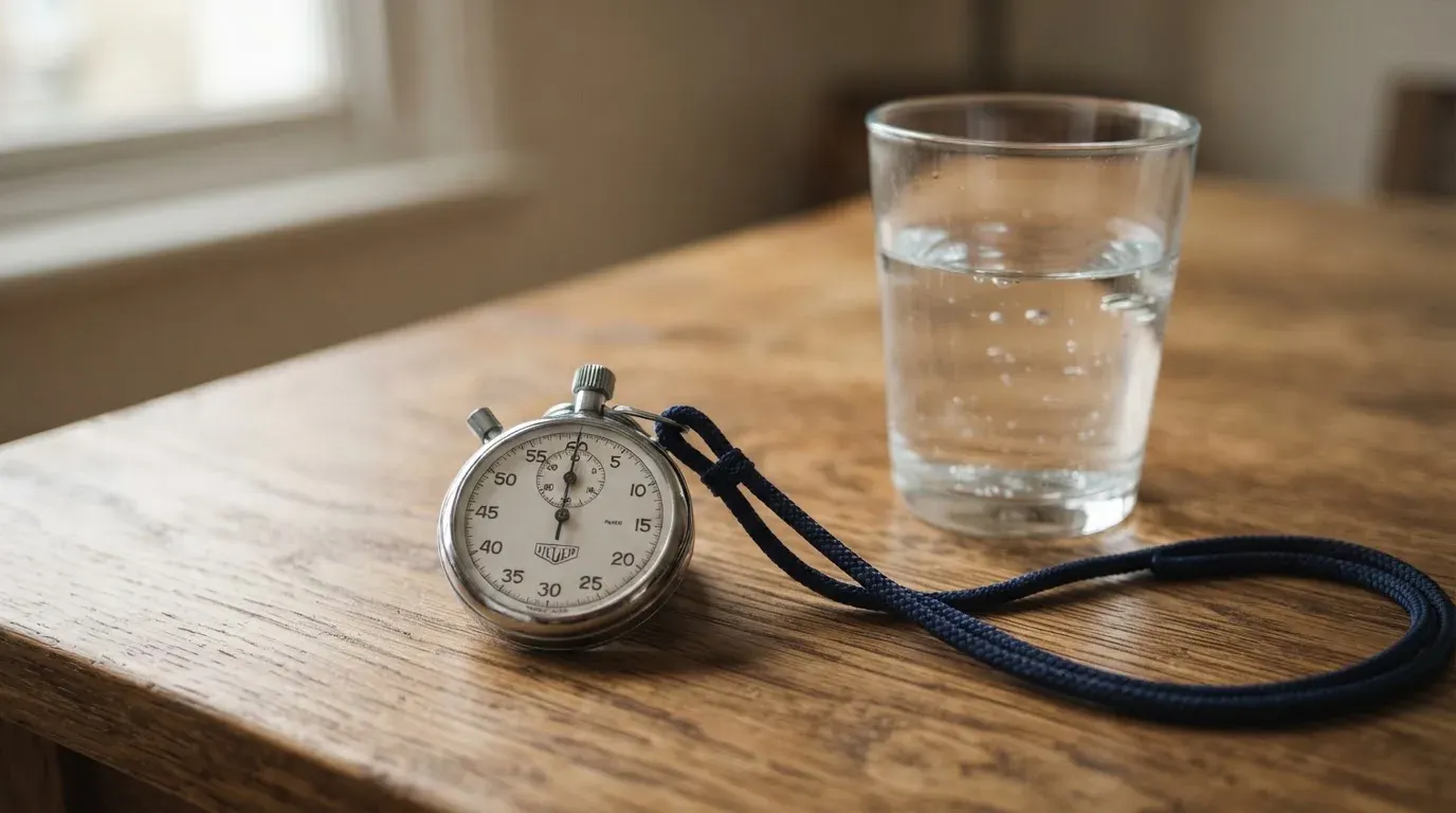 Eine Stoppuhr an einer Schnur liegt auf einem Holztisch neben einem Wasserglas, das Licht ist ruhig.