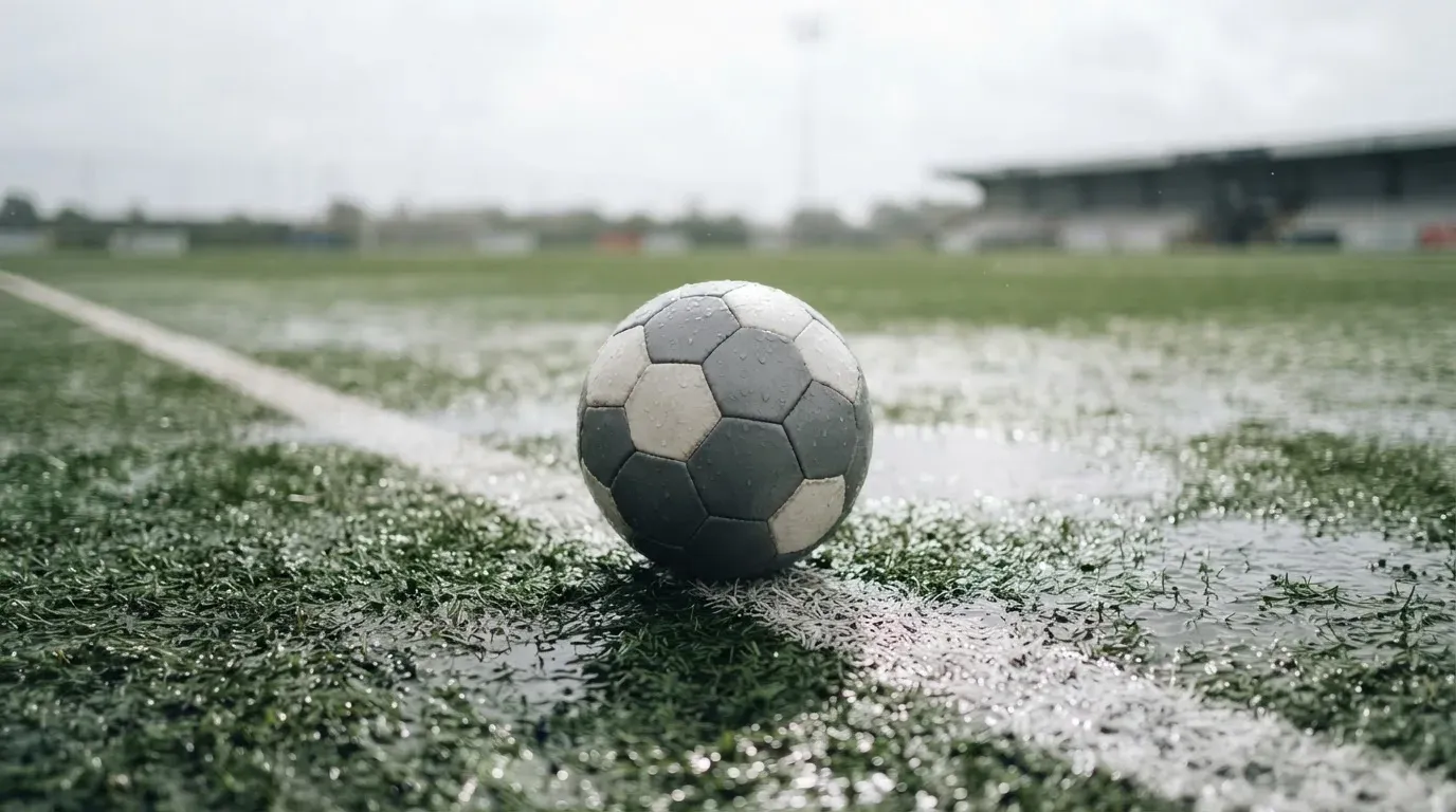 Ein Fussball liegt auf nassem Kunstrasen neben einer weissen Linie, Pfützen spiegeln den Himmel.
