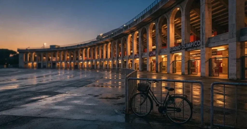 Ein Stadionrund von aussen in der Dämmerung, Betonbögen und leerer Vorplatz, ein Fahrrad lehnt am Geländer.