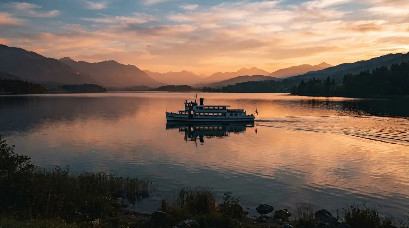 Eine Fähre gleitet bei Sonnenuntergang über einen ruhigen See, das Wasser glänzt in Orange.