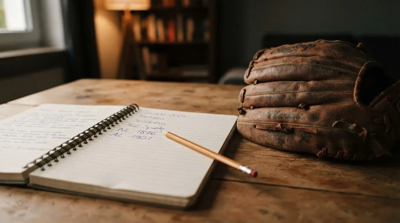 Ein aufgeschlagenes Notizbuch mit handgeschriebenen Notizen und ein Bleistift liegen auf einem Holztisch neben einem abgegriffenen Baseballhandschuh.