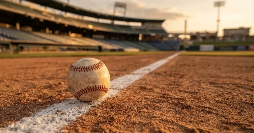 Ein weisser Baseball liegt auf rotbraunem Sand neben der Grundlinie eines leeren Stadions im warmen Abendlicht, die Ränge sind verlassen.