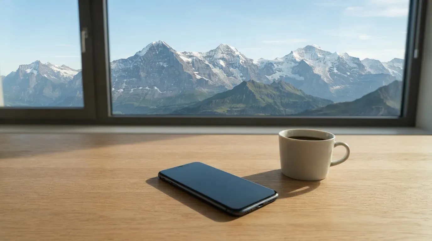 Ein Smartphone mit dunklem Bildschirm liegt auf einem hellen Schreibtisch neben einer Tasse, durch das Fenster dahinter sieht man eine Bergkette.