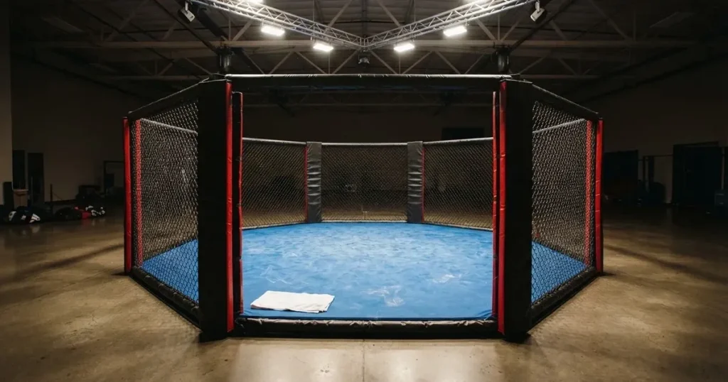 Ein achteckiger Käfig mit Maschenzaun steht in einer leeren Halle unter hellem Deckenlicht, auf der blauen Matte liegt ein zusammengefaltetes Handtuch.