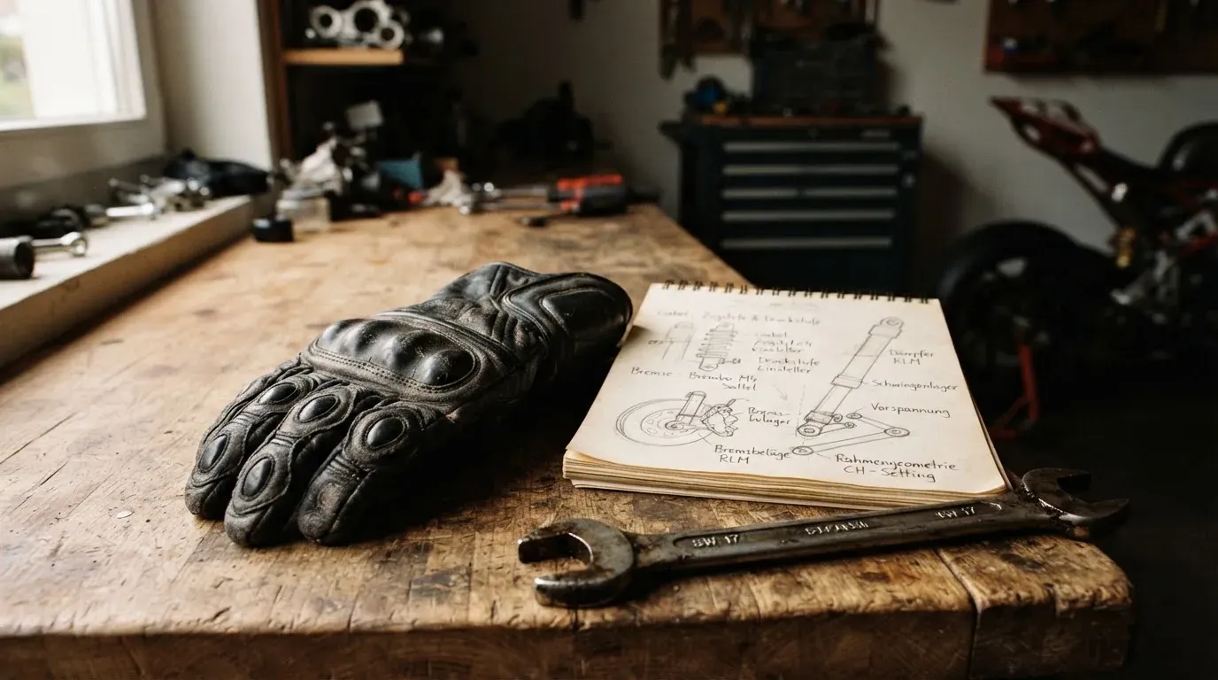 Ein Motorradhandschuh aus Leder liegt auf einer Werkbank neben einem Block mit handgezeichneten Skizzen und einem Schraubenschlüssel.