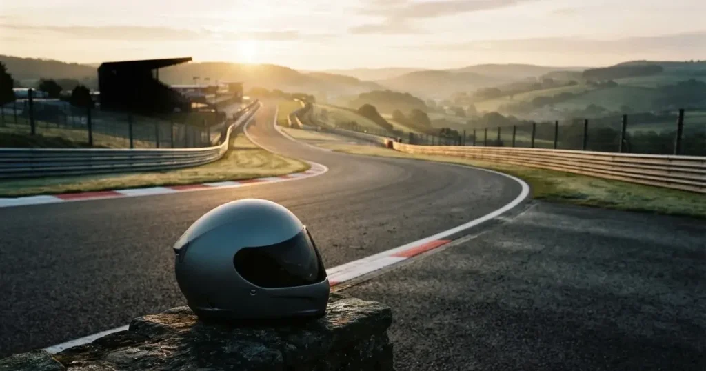 Eine leere Rennstrecke mit rot-weissen Randsteinen im Morgenlicht, im Hintergrund sanfte Hügel und ein einzelner Motorradhelm auf einer niedrigen Mauer.