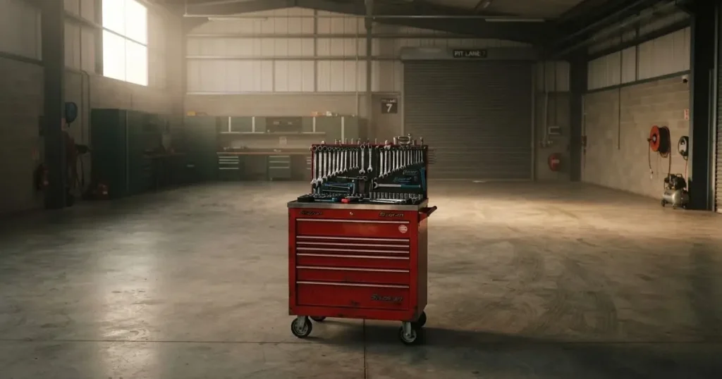 Ein Werkzeugwagen mit Schraubenschlüsseln steht in einer leeren Werkstatthalle, durch ein hohes Fenster fällt weiches Tageslicht auf den Betonboden.