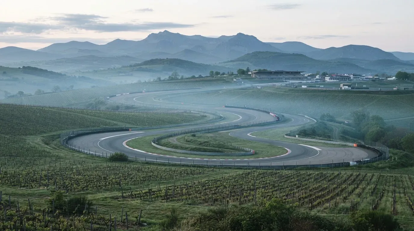 Eine Rennstrecke aus der Ferne zwischen Weinbergen und einer Bergkette, Dunst liegt am frühen Morgen über dem Asphalt.