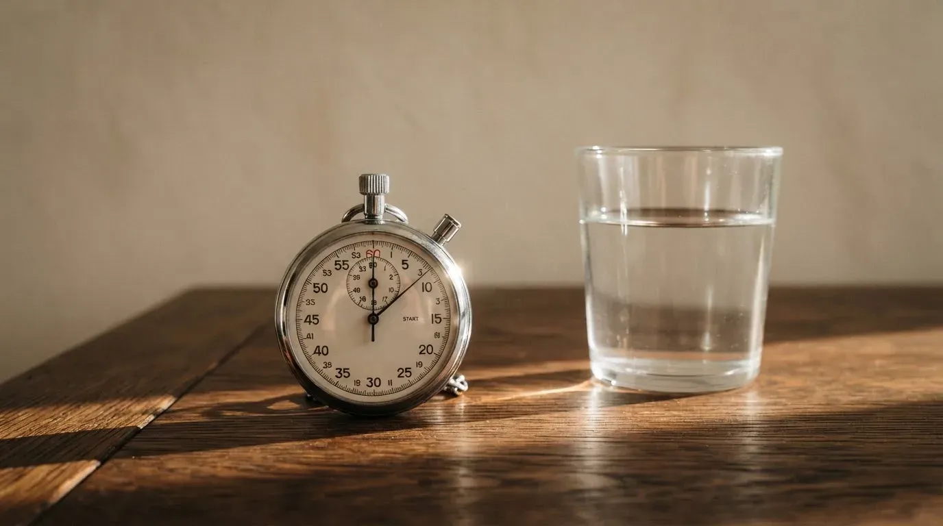 Eine Stoppuhr aus Metall liegt auf einem Holztisch neben einem Glas Wasser, das Licht fällt von der Seite durch ein Fenster.