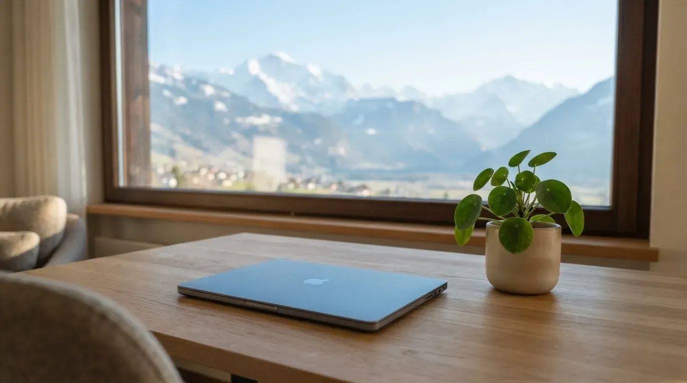 Ein Schreibtisch mit einem geschlossenen Laptop und einer Zimmerpflanze vor einem Fenster mit Blick auf eine Bergkette im Morgenlicht.