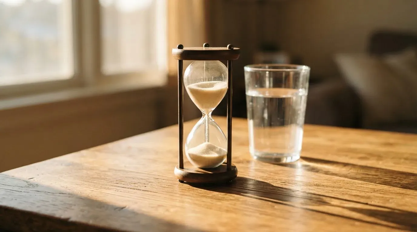 Eine Sanduhr steht auf einem Holztisch neben einem Glas Wasser, schräges Morgenlicht wirft einen langen Schatten über die Tischplatte.