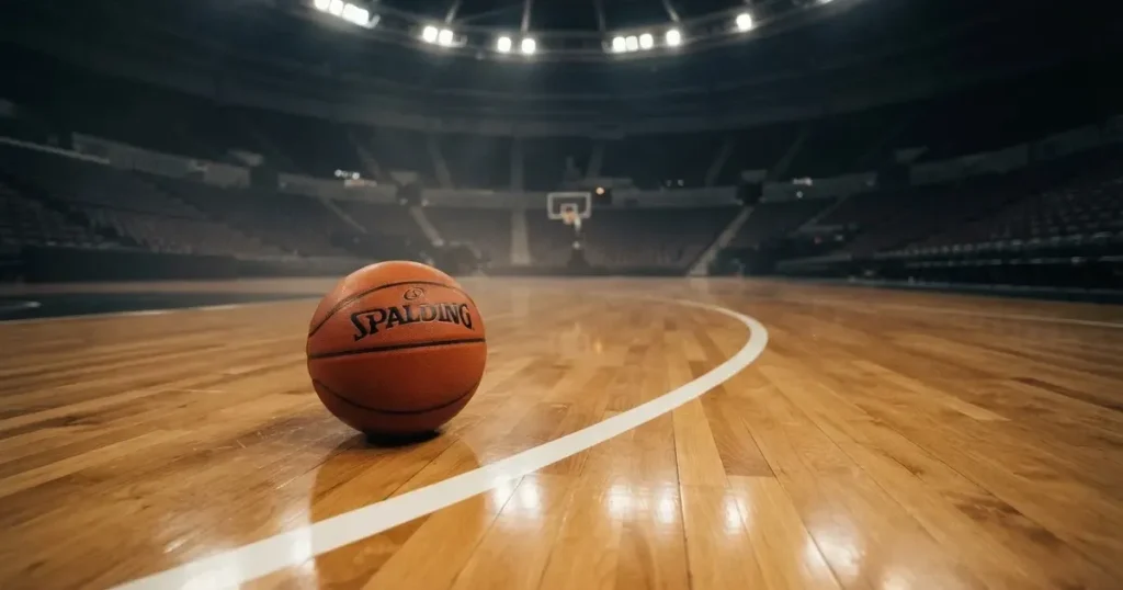 Ein orangefarbener Basketball liegt auf dem Parkett einer leeren Halle unter hellem Flutlicht, die Tribünen sind dunkel.