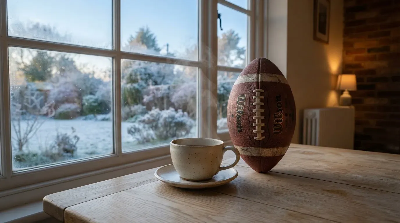 Ein Kaffeebecher und ein Football stehen auf einem Küchentisch am Morgen, durch das Fenster sieht man einen Garten mit Raureif.