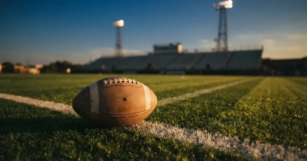 Ein ovaler Football liegt auf frisch gemähtem Rasen neben einer weissen Linie, im Hintergrund stehen leere Flutlichtmasten im Abendlicht.
