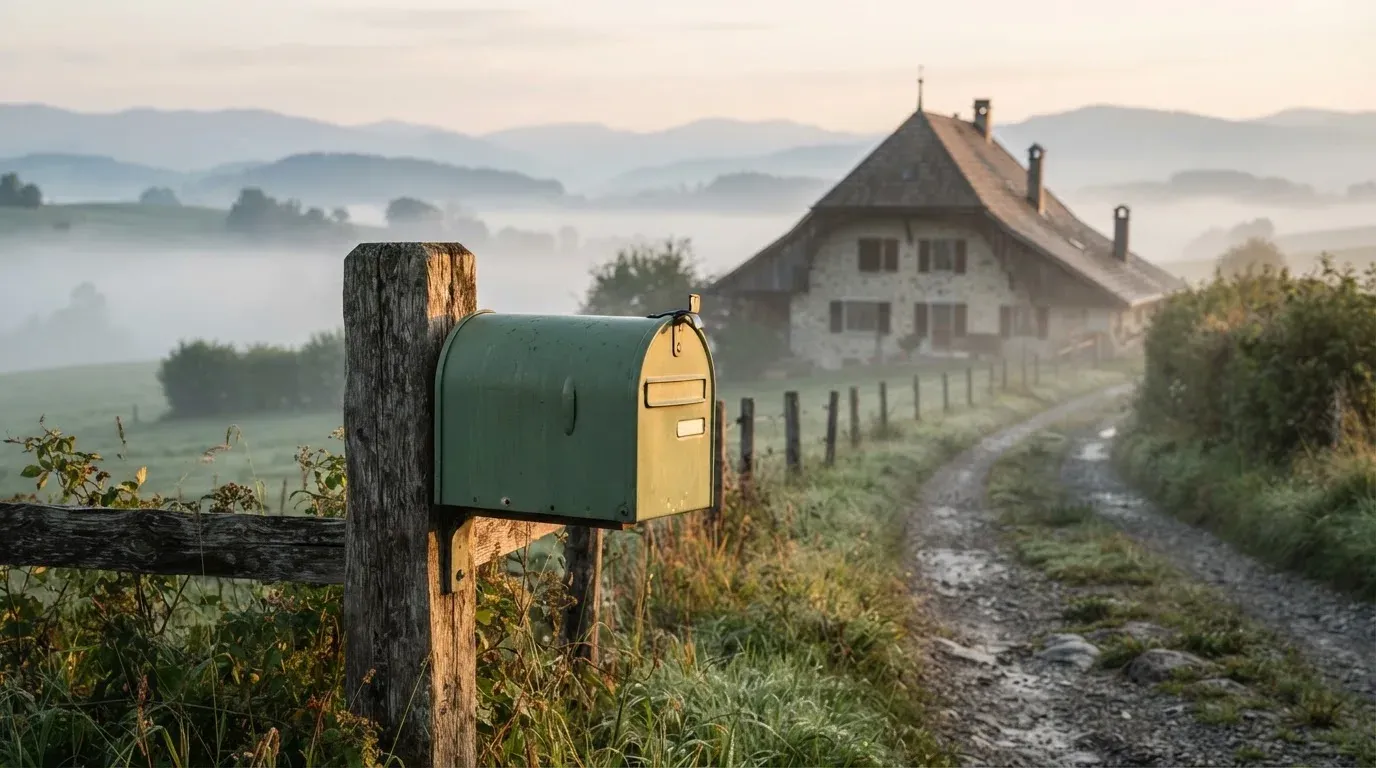 Ein Briefkasten an einem Holzzaun vor einem Bauernhaus in einer Hügellandschaft, auf den Wiesen liegt Frühnebel.