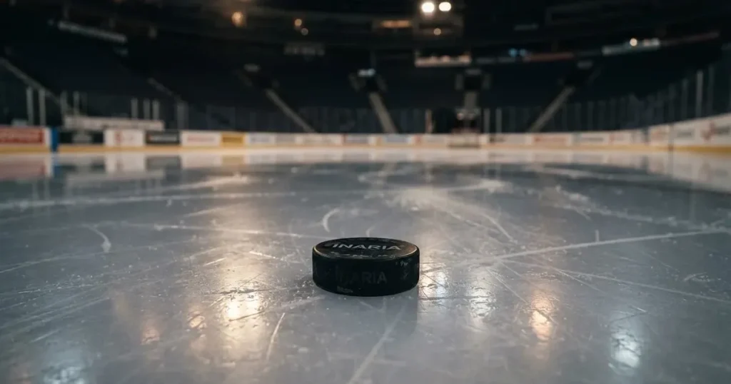 Ein Eishockeypuck liegt auf einer glatten Eisfläche, im Hintergrund erheben sich die dunklen Ränge einer leeren Halle.