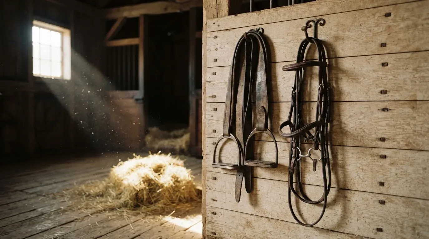 Lederne Steigbügel und ein Zügel hängen an einer Holzwand in einem ruhigen Stall, Heu liegt im Licht eines kleinen Fensters.