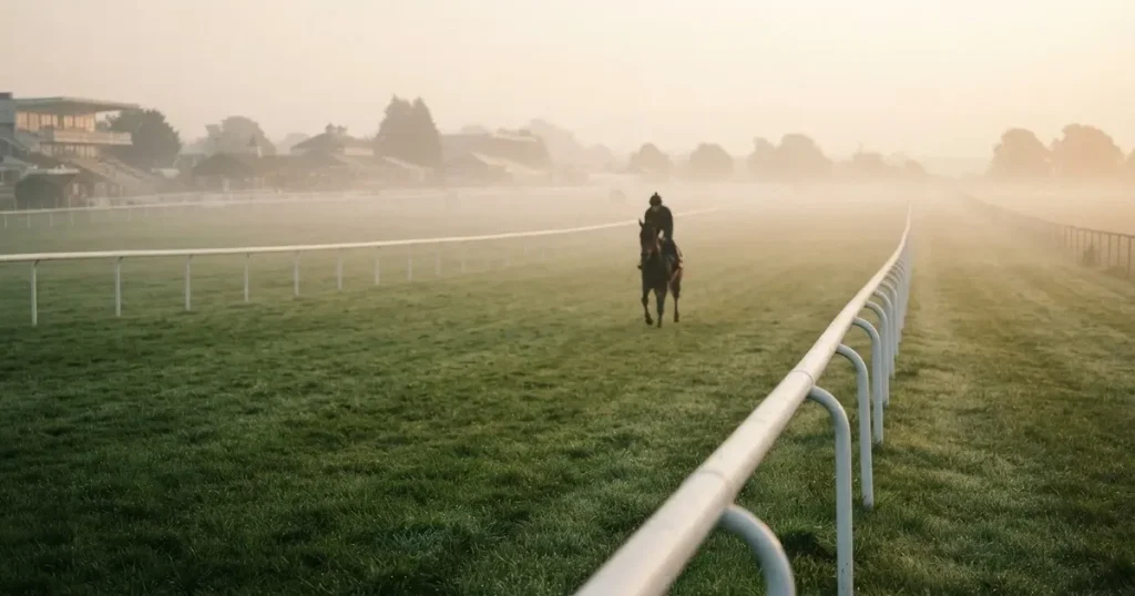 Eine Galoppbahn mit Rasen und weissen Begrenzungen im Morgennebel, in der Ferne trabt ein einzelnes Pferd beim Training.