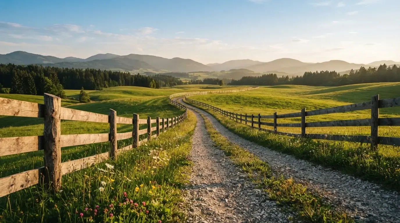 Ein Feldweg führt zwischen Weiden mit Holzzaun auf eine Hügelkette zu, über den Wiesen liegt weiches Abendlicht.