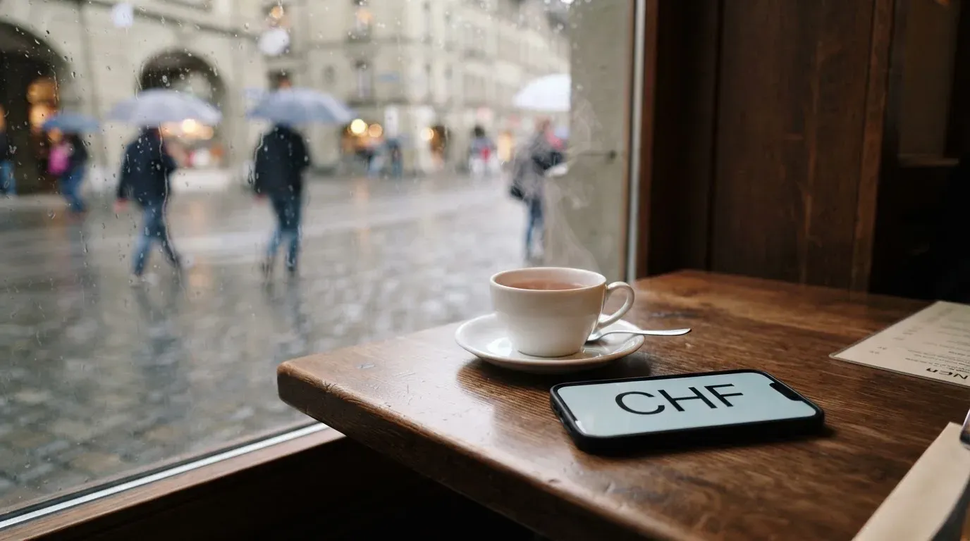 Ein Café-Tisch am Fenster mit einer Teetasse, draussen ein nasser Gehweg und Passanten mit Regenschirmen in unscharfer Ferne.