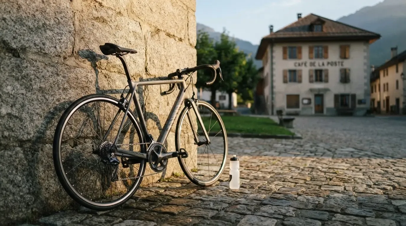 Ein Rennrad lehnt an einer Steinmauer am Rand eines Dorfplatzes, daneben eine Trinkflasche im ersten Sonnenlicht.