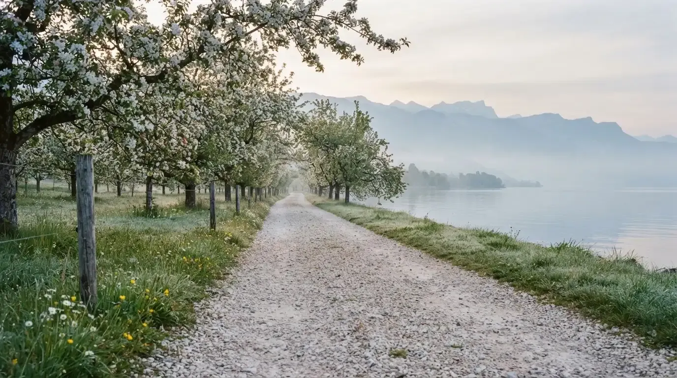 Ein langer Kiesweg zwischen Obstbäumen am Seeufer, im Hintergrund die Silhouette von Bergen im Dunst eines frühen Morgens.