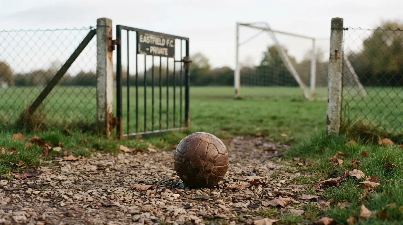 Ein abgenutzter Fussball liegt auf einem Kiesweg neben dem Eingang eines Vereinsplatzes, Laub liegt auf dem Boden.