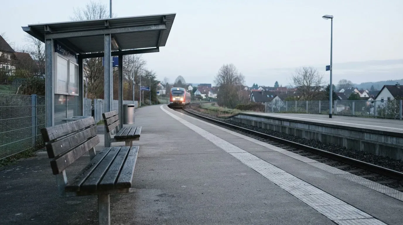 Ein Bahnsteig mit leeren Bänken an einem Regionalbahnhof am Morgen, ein Zug fährt in der Ferne ein.