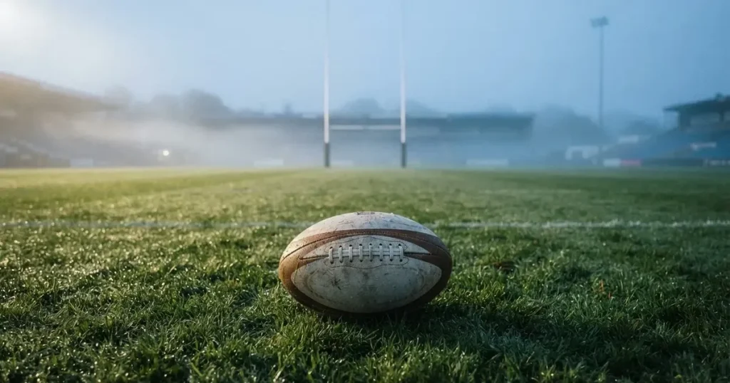 Ein ovaler Rugbyball liegt auf feuchtem Rasen vor zwei hohen Torstangen, hinter dem Spielfeld steigen Nebelschwaden auf.