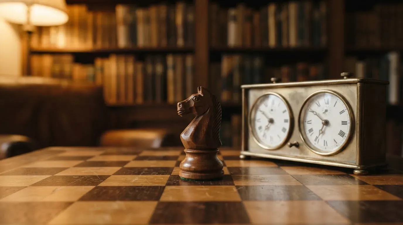 Ein Springer aus Holz steht allein auf einem Brett neben einer Schachuhr aus Metall, im Hintergrund unscharfe Bücherregale.