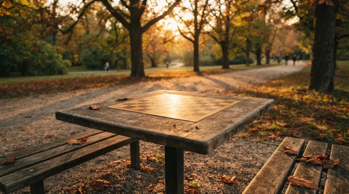 Ein Parkbank-Tisch mit eingelassenem Spielfeld unter alten Kastanien, auf den Wegen liegt Laub und die Sonne steht tief.