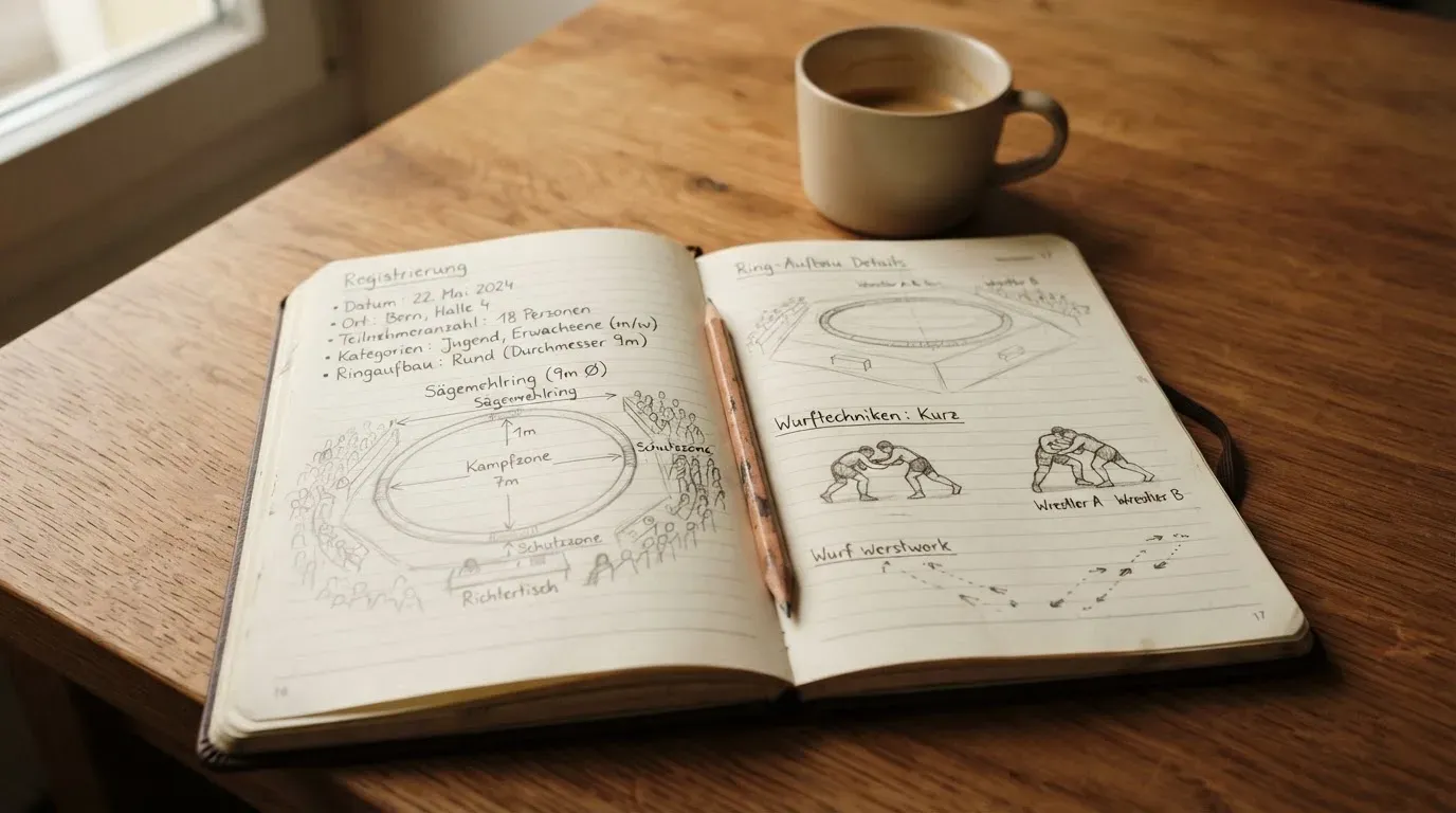Ein aufgeschlagenes Notizbuch mit handschriftlichen Skizzen neben einem Bleistift und einer Kaffeetasse auf einem Holztisch.
