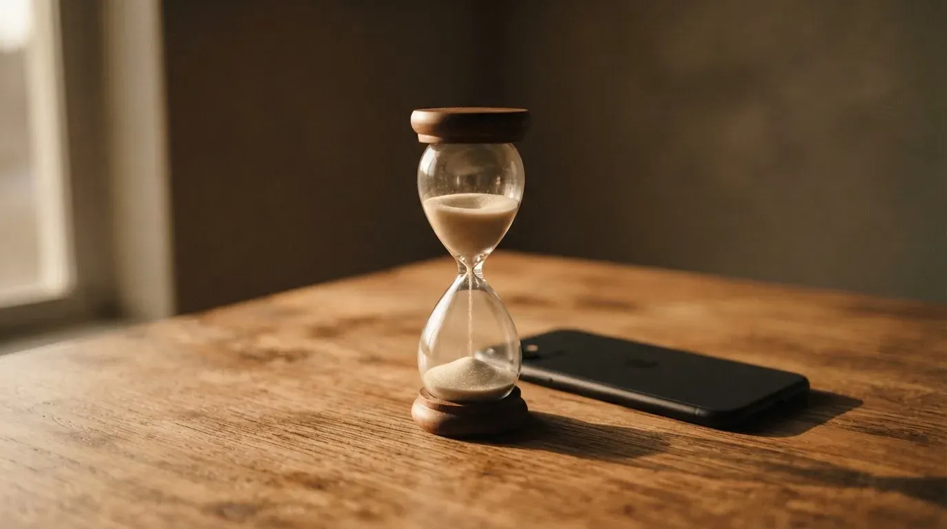 Eine Sanduhr steht auf einem Holztisch neben einem umgedrehten Smartphone, warmes Licht fällt von der Seite ein.
