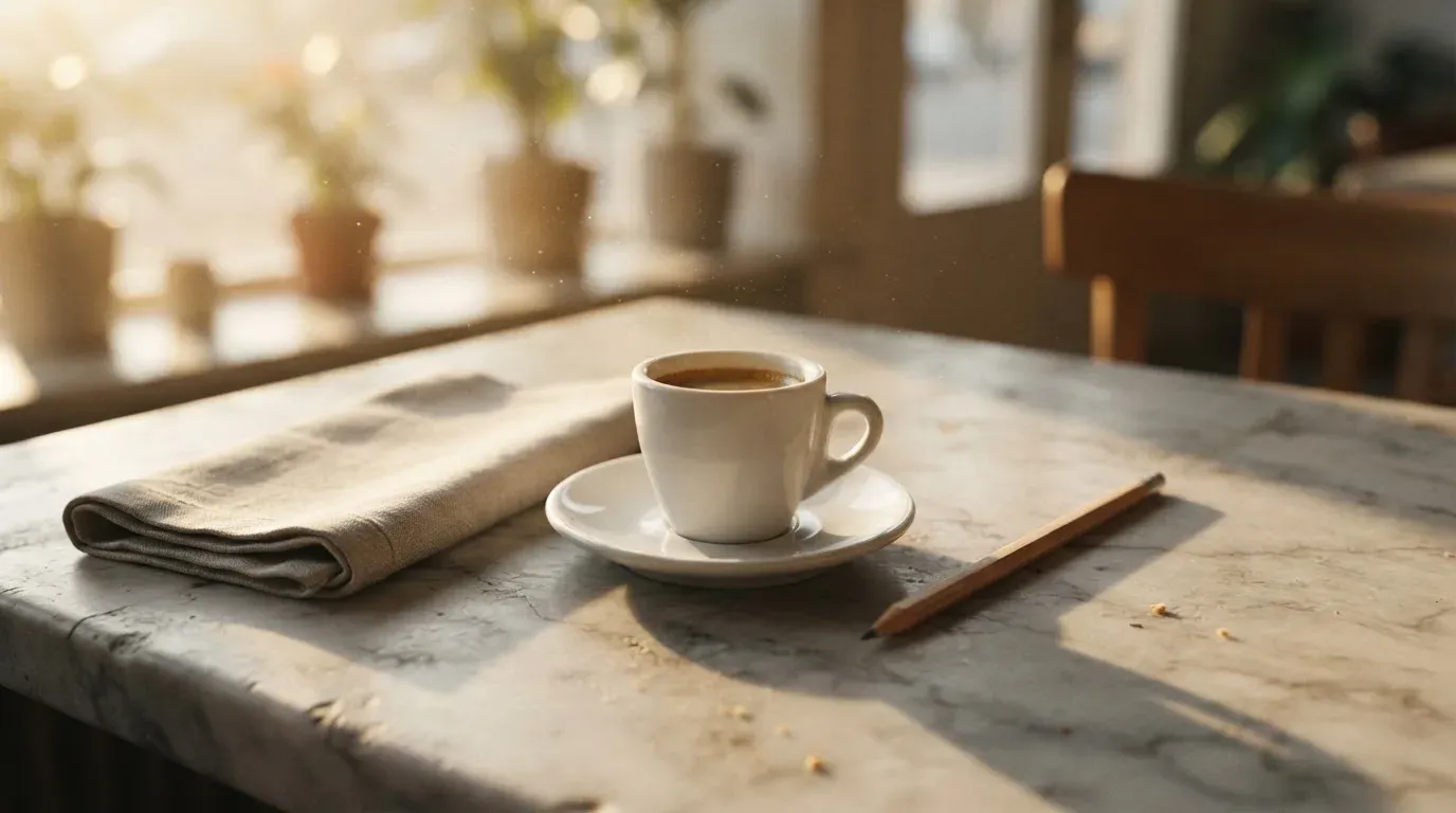 Eine Espressotasse und ein Bleistift liegen auf einem Caféhaustisch neben einer gefalteten Stoffserviette im Licht der Morgensonne.