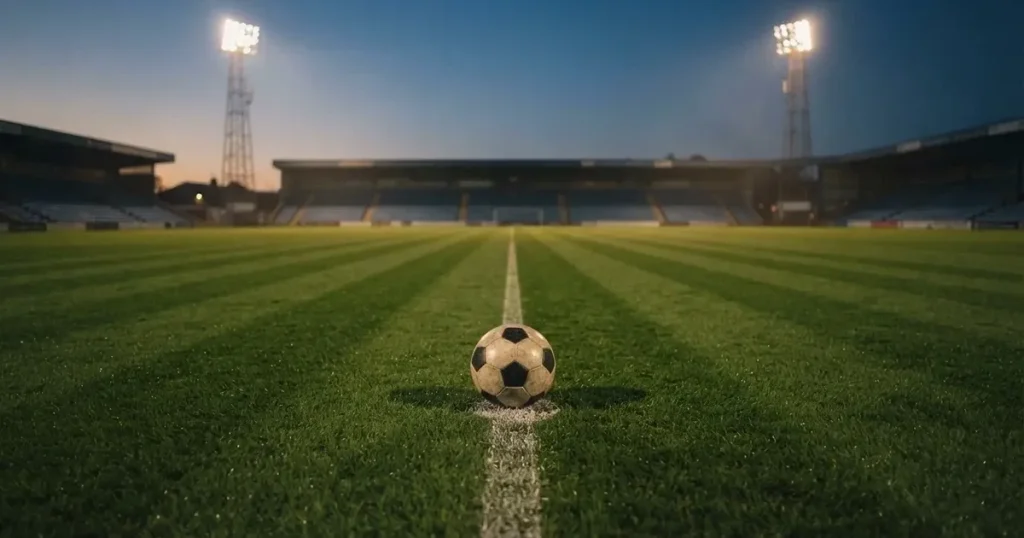 Ein Fussball liegt auf dem Anstosspunkt eines leeren Rasenplatzes in der Abenddämmerung, dahinter leuchten Flutlichtmasten über einer Tribüne.