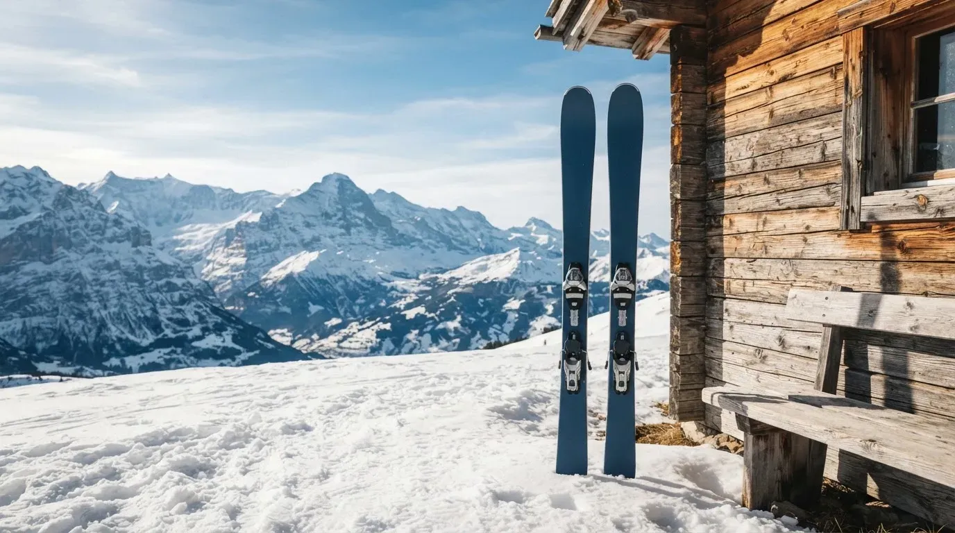Zwei Skier stecken aufrecht im Schnee neben einer Holzhütte, dahinter ein weites Alpenpanorama bei klarem Himmel.