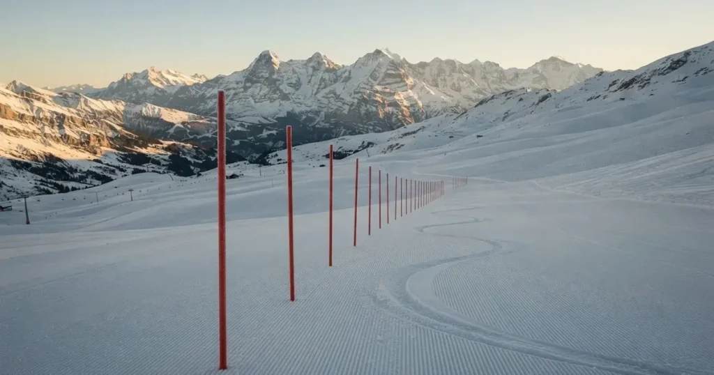 Ein frisch präparierter Hang mit Slalomstangen in einer Reihe im ersten Morgenlicht, Schneespuren im Hang und Berge im Hintergrund.