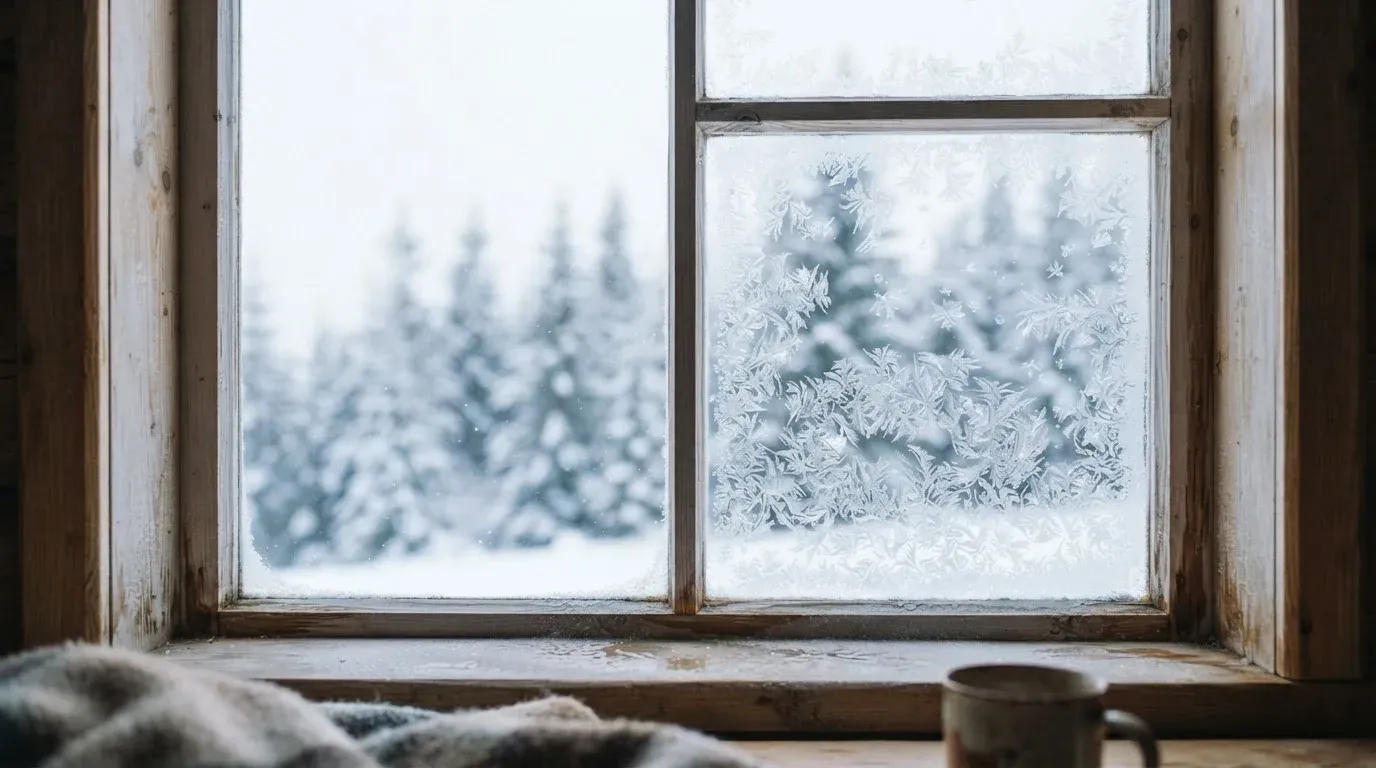 Ein vereistes Fenster einer Berghütte mit Blick auf verschneite Tannen im blassen Winterlicht.