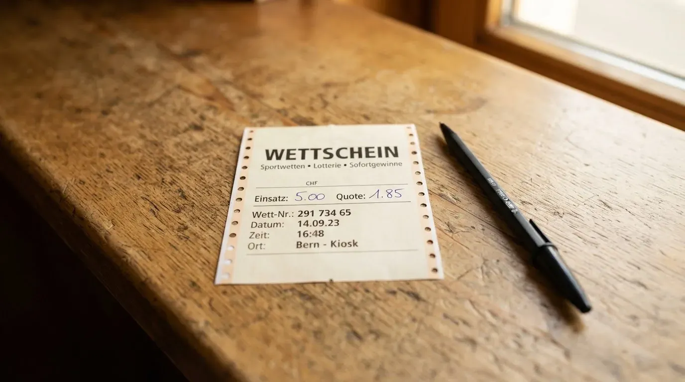 Ein leerer Wettschein aus Papier und ein Kugelschreiber liegen auf einer hölzernen Theke im Nachmittagslicht.