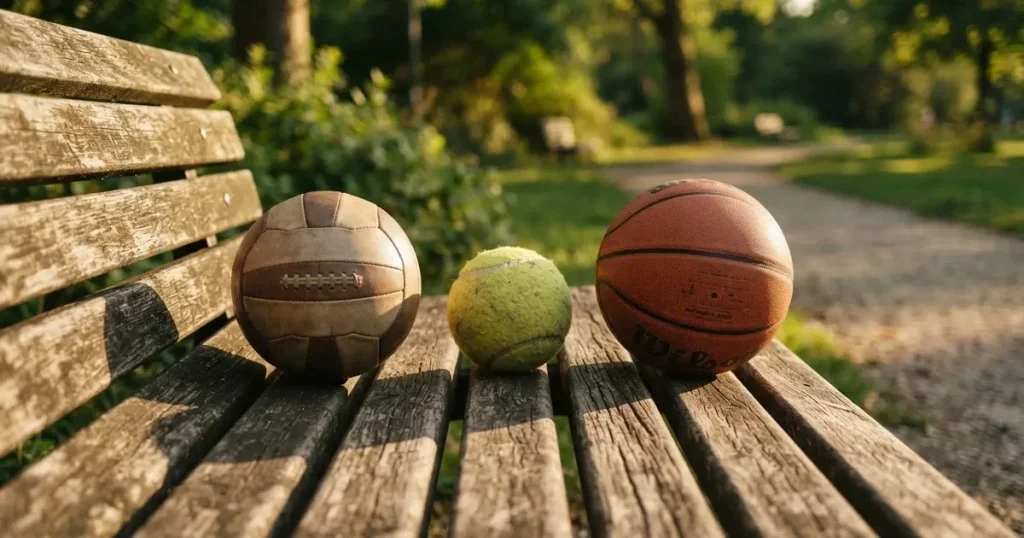 Drei Sportbälle, ein Fussball, ein Tennisball und ein Basketball, liegen nebeneinander auf einer Holzbank.