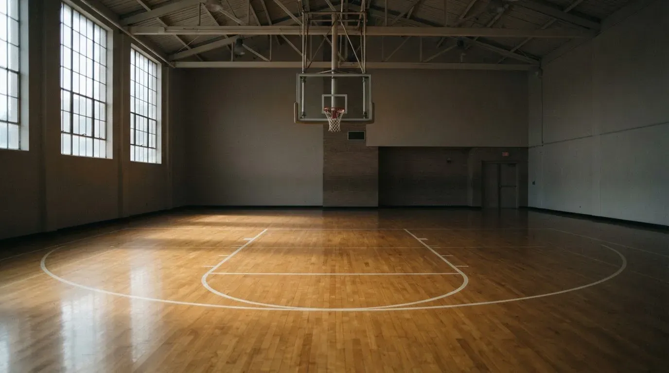 Ein Basketballkorb hängt in einer leeren Turnhalle, durch hohe Fenster fällt Licht auf das Holzparkett.