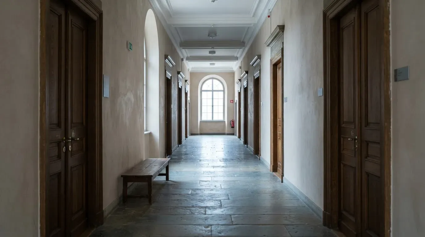 Ein langer, leerer Flur in einem Verwaltungsgebäude mit Holztüren und Steinboden im kühlen Tageslicht.