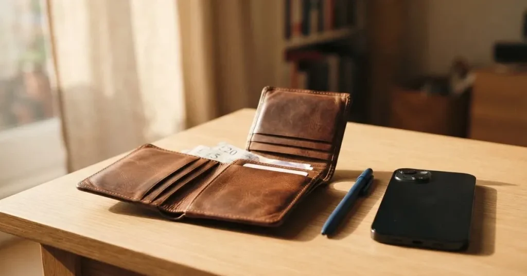 Eine leere Geldbörse aus Leder liegt geöffnet auf einem Tisch, daneben ein Kugelschreiber und ein Smartphone mit dunklem Display.