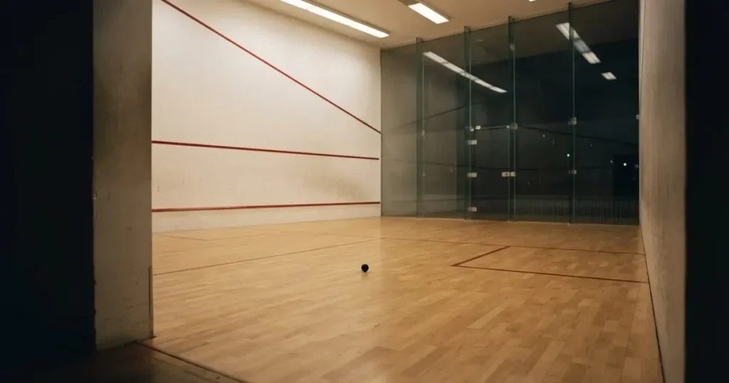 Ein leerer Squashcourt mit weissen Wänden und hellem Holzboden, ein Ball liegt in der Mitte, Deckenlicht spiegelt sich im Parkett.