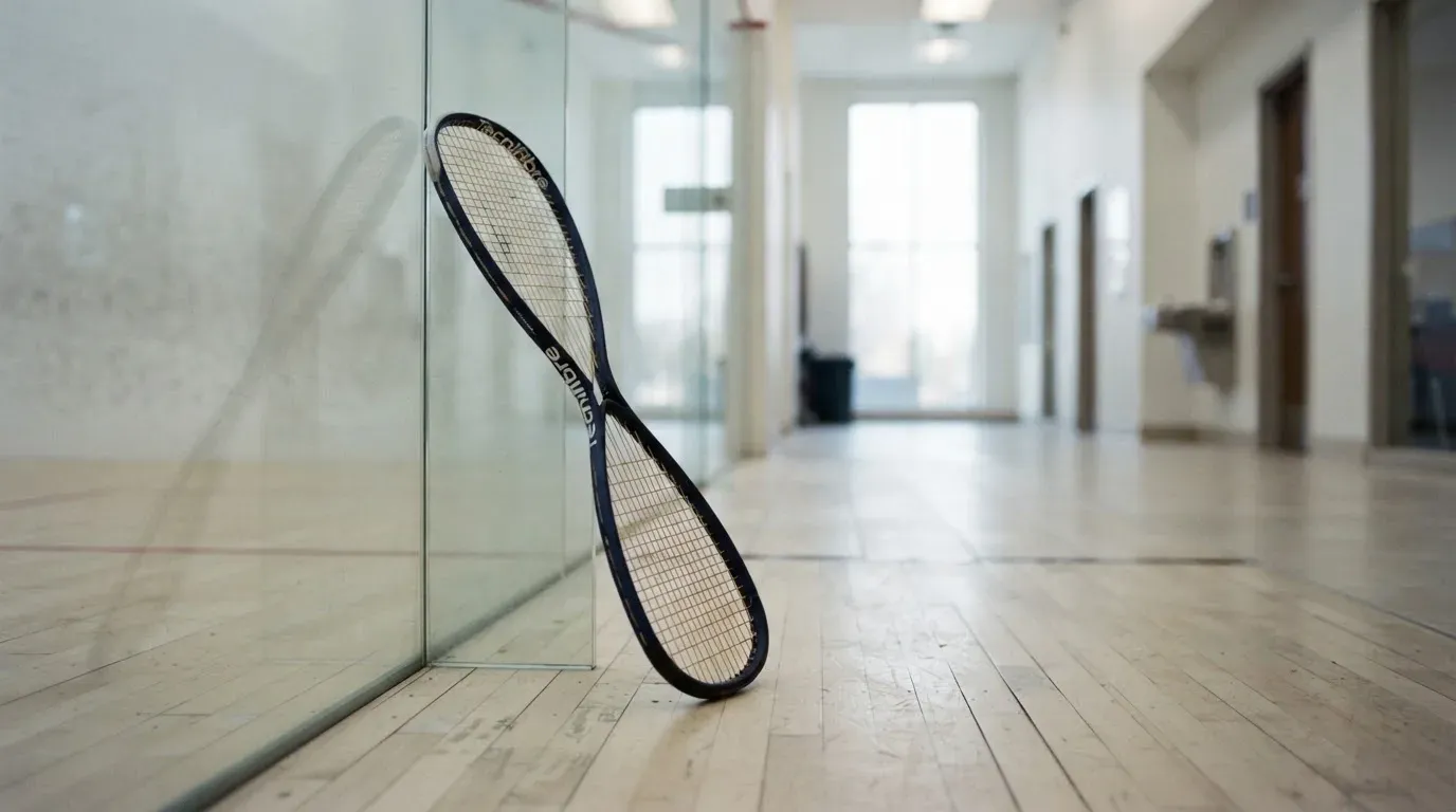 Ein Squashschläger lehnt an der Glaswand eines leeren Courts, draussen fällt Tageslicht in den Gang.