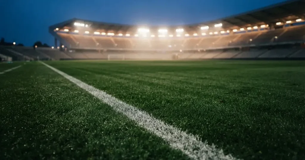 Eine Seitenlinie aus weisser Kreide auf dem Rasen in der Dämmerung, in der Ferne ragt eine hell beleuchtete Stadionschüssel auf.